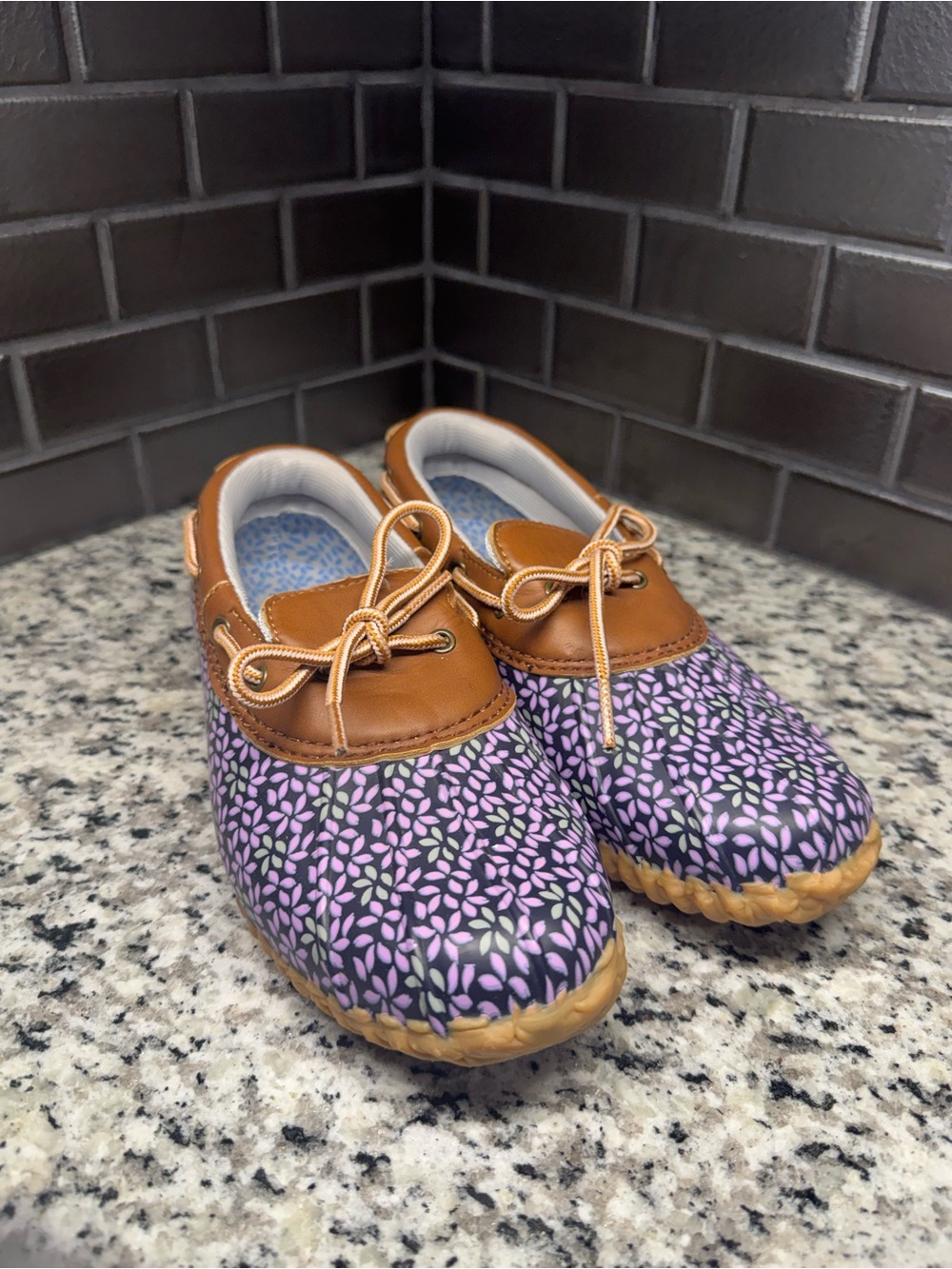 JBU by Jambu Garden Ready Purple Floral Rain & garden Boots with Brown Trim, sz